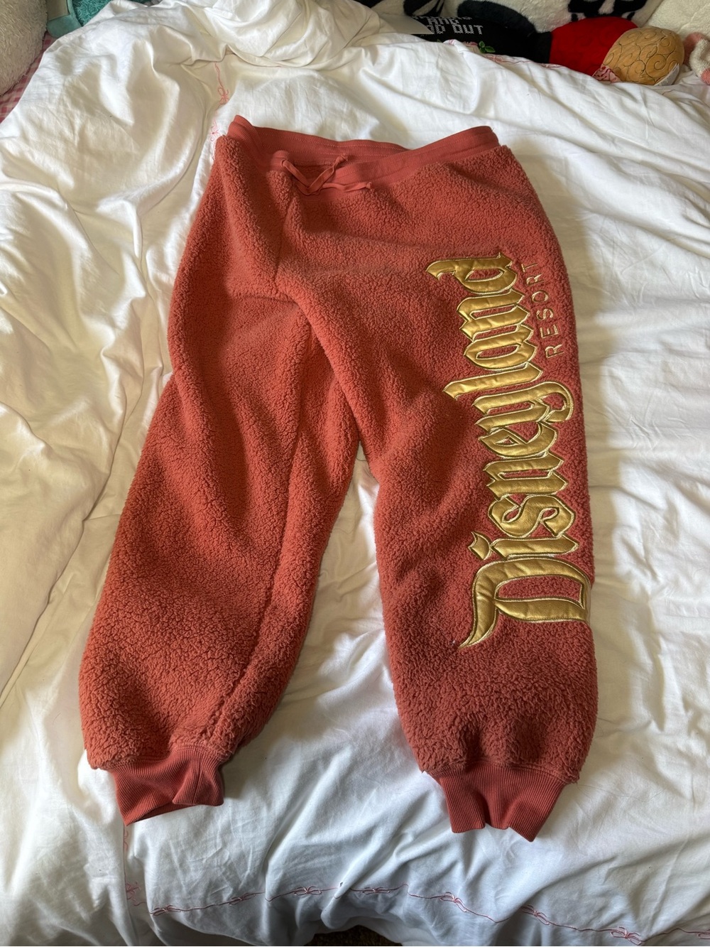 Disney Rust Sherpa Joggers with Gold Disneyland Script